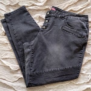 12K black button fly tapered leg jeans